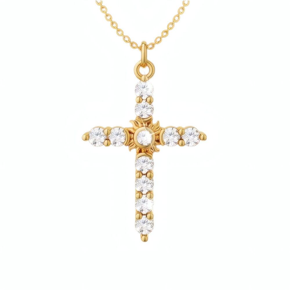 Gold Tone Sunrise Cross Pendant Necklace Cubic Zirconia 18-20 Inch for Women